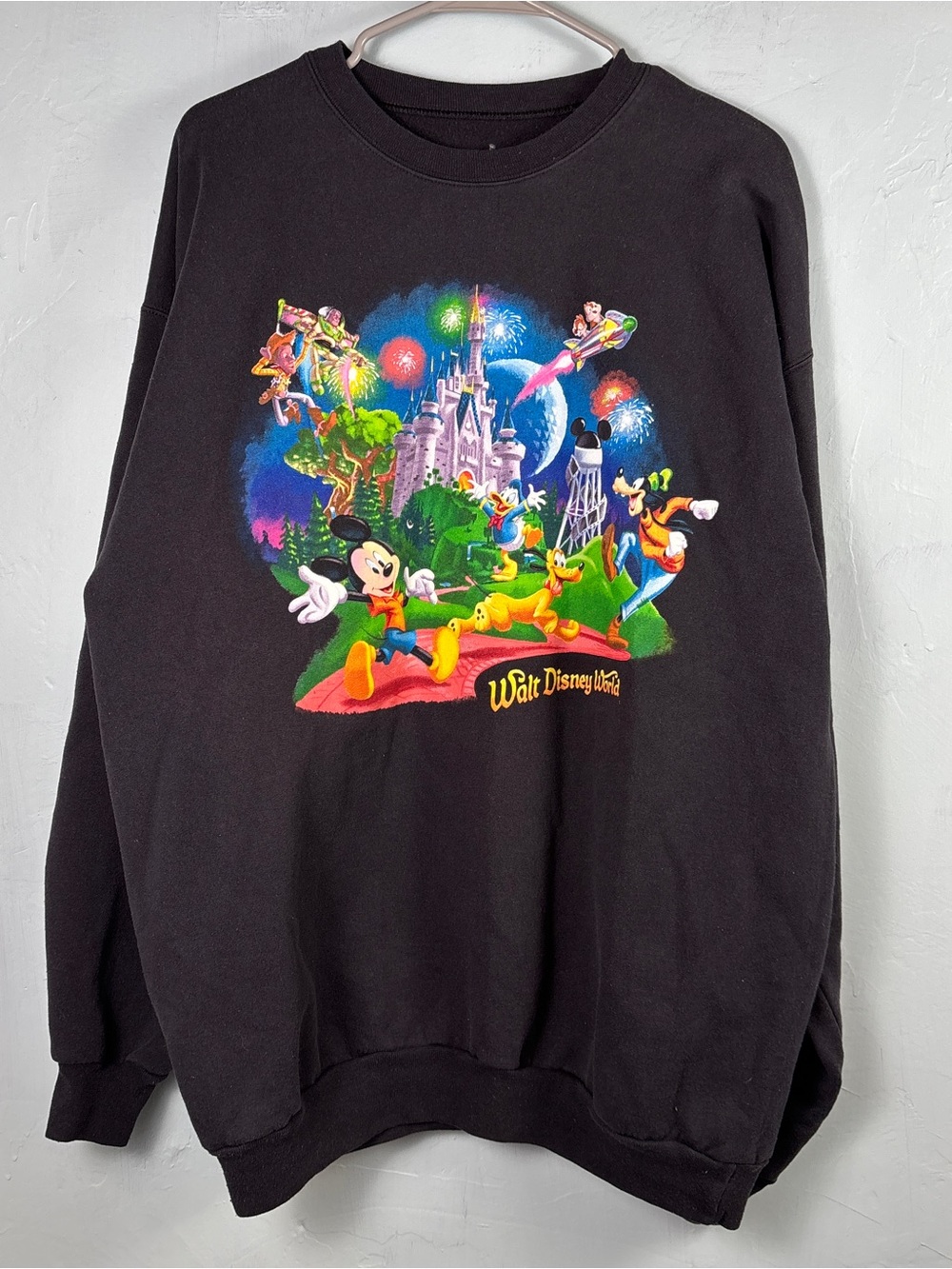 Vintage Disney Black Crewneck Sweatshirt with Colorful Disney Park Icons Graphic